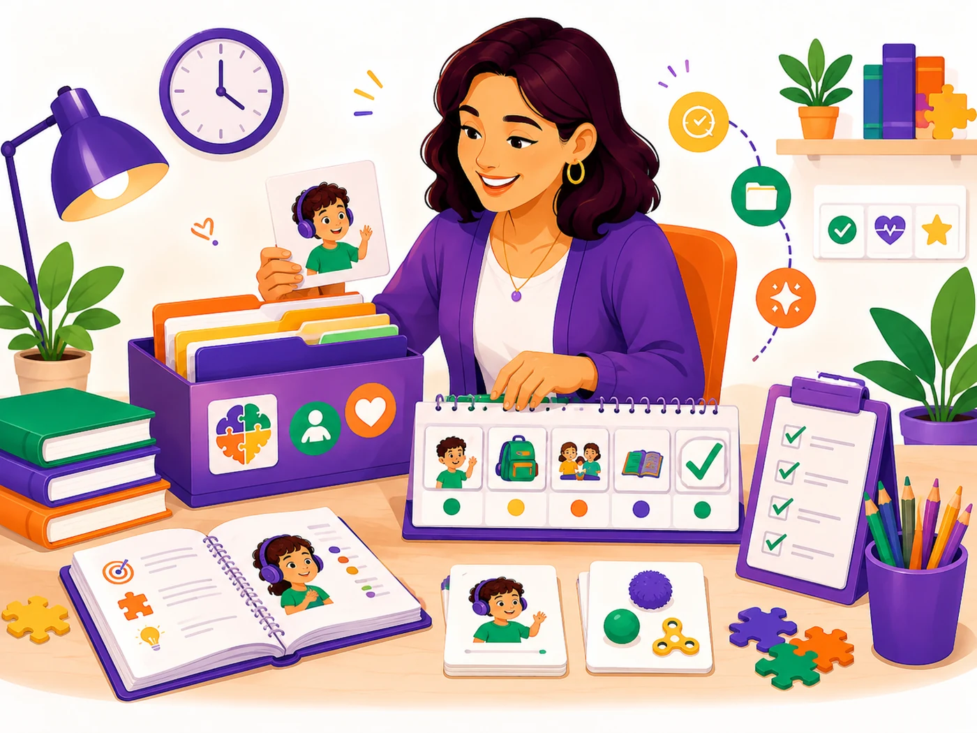 Professora organizando materiais pedagógicos personalizados da NeuroPlanejar